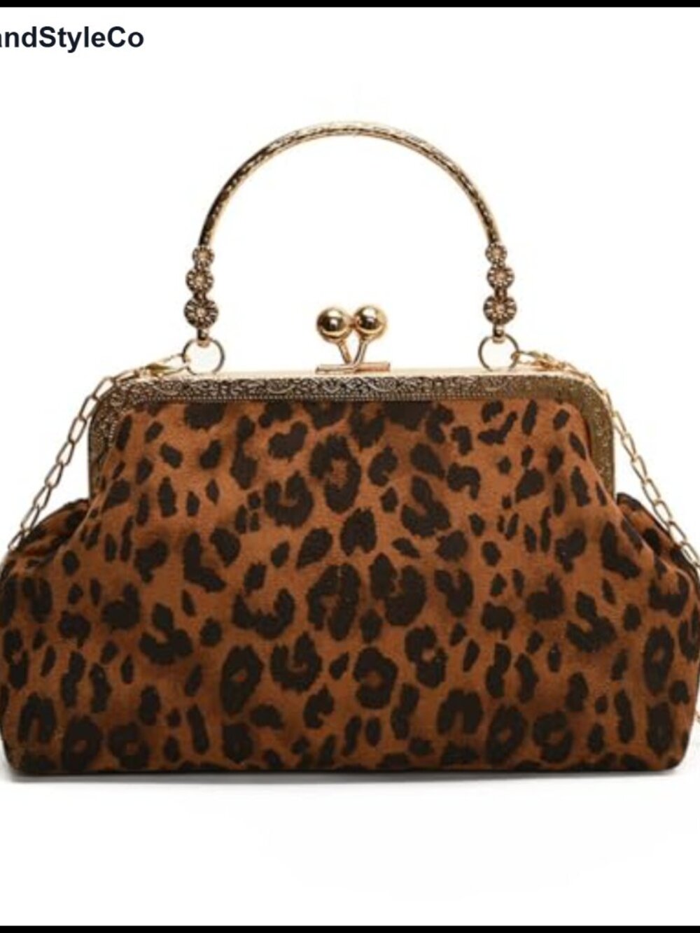 Faux Suede Leopard Kiss Lock Evening Clutch with Chain